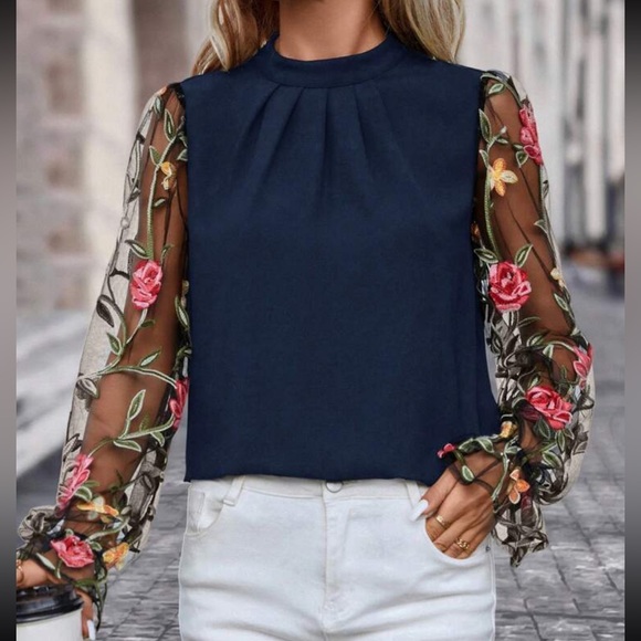 Luxe black floral embroidered mesh sleeve blouse - Picture 5 of 10